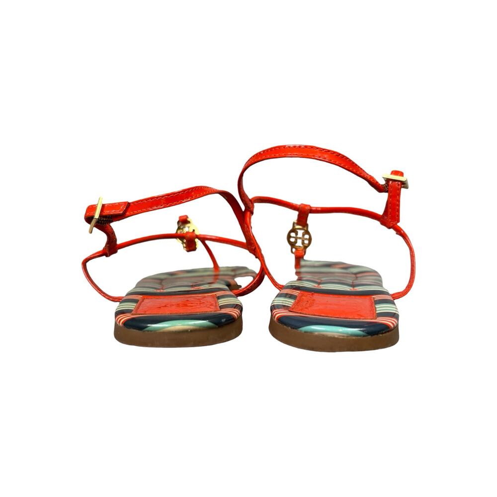 Tory Burch Emmy Logo Thong Sandals Women’s 8.5 Orange Patent Leather Straps - Picture 6 of 9